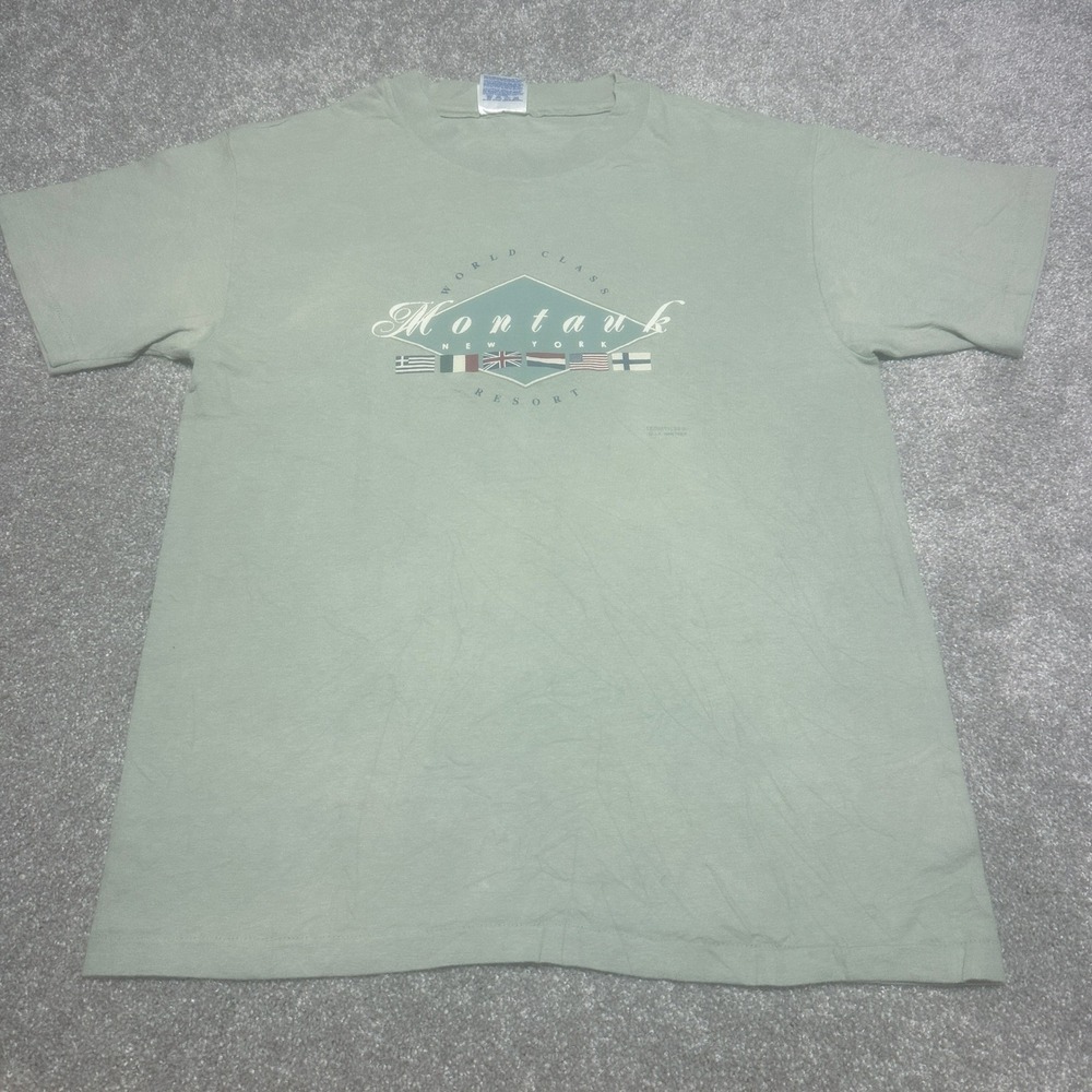 Vintage 90s Techstyles Mens M Montauk New York World Class Resort T Shirt Green